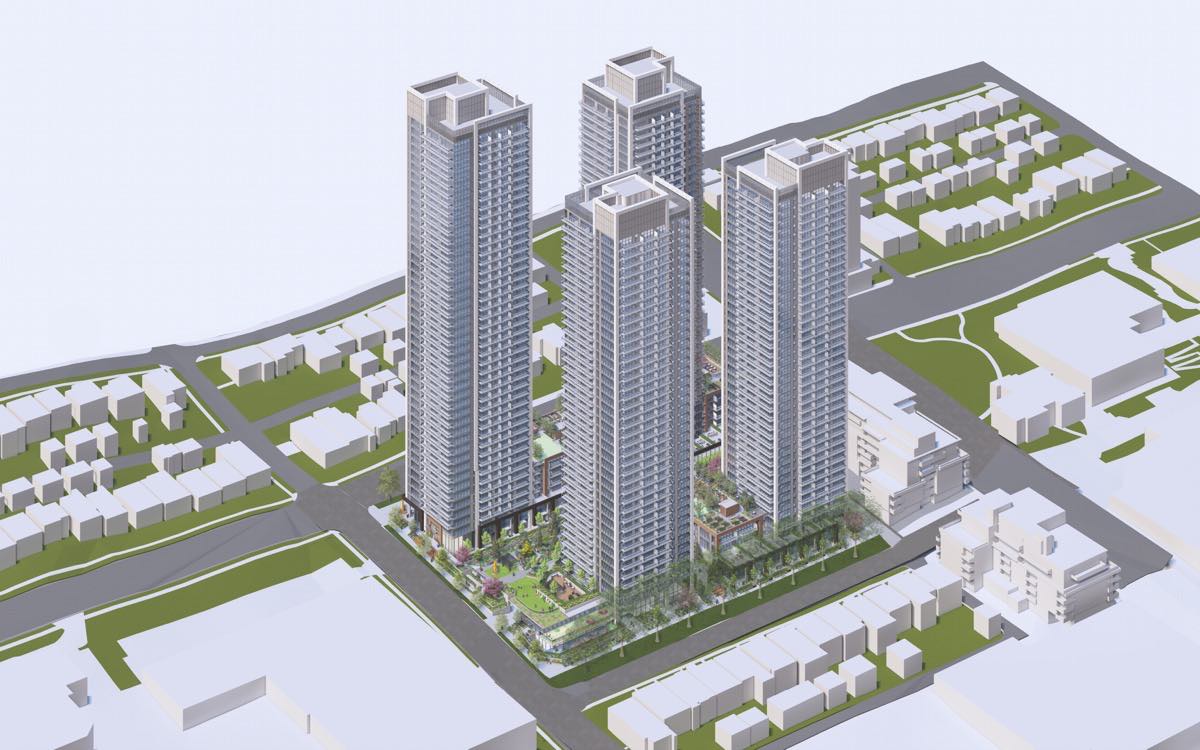 Rendering of 2806–2890 East Broadway & Kaslo Street — 4 towers, 39–45 storeys, 1,959 homes, Renfrew, Vancouver