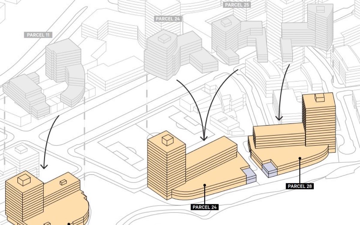 Massing diagram for 3202–3270 Riverwalk Avenue, Parcel 11 — height amendment from 12 to 15 storeys, River District, Vancouver