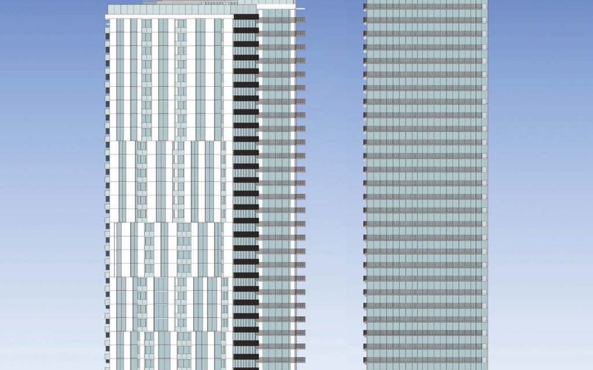 Rendering of 375 East 1st Avenue — 4 towers, 35–40 storeys, 1,156 homes, False Creek Flats, Vancouver
