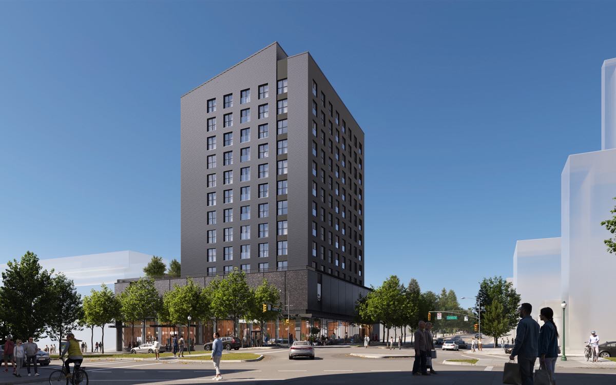 Rendering of 7525 Cambie Street — 12 storeys, mass timber, 97 rental homes, Marpole, Vancouver